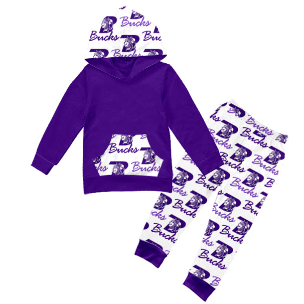 Preorder (moq 5)Baby Boys Purple Bucks Pocket Hoodie Legging Pant Team Clothes Sets