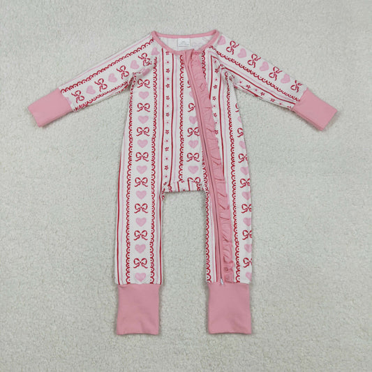 Baby Girls Pink Bows Hearst Stripe Valentines Two Way Ruffle Zip Convertible Rompers