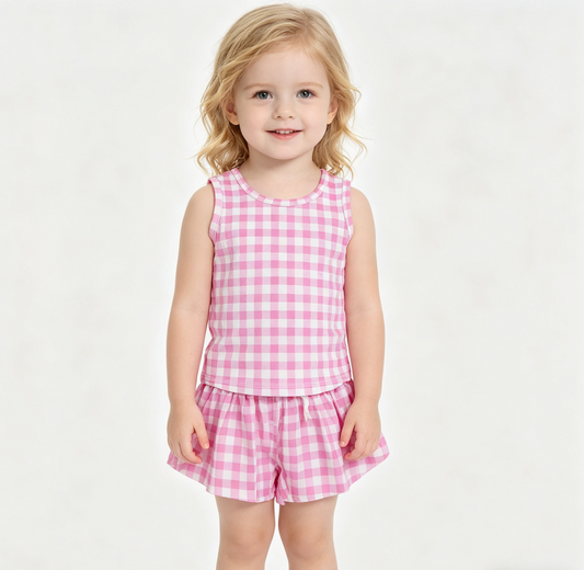 Baby Girls Pink Checked Vests Top Butterfly Short Yoga Active Clothes Set