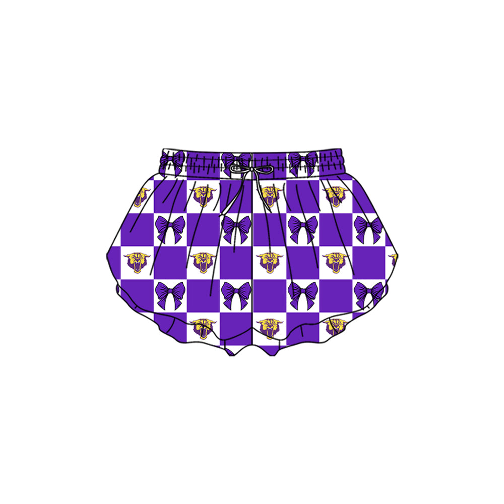 Preorder (moq 5)Baby Girls Purple Bows Wildcats Checked Team Ruffle Shorts Bottom