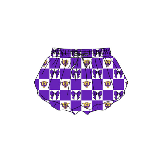 Preorder (moq 5)Baby Girls Purple Bows Wildcats Checked Team Ruffle Shorts Bottom