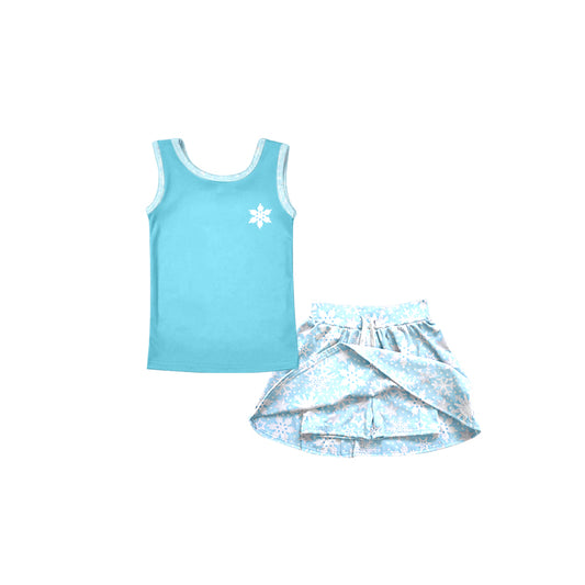 Preorder(moq 5)Baby Girls Blue Sister Sleeveless Tee Shirt Skorts Clothes Sets