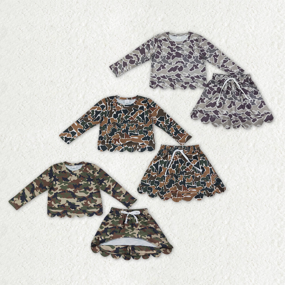 Sibling Baby Girls Long Sleeve Southern Camo Shirts Top Skirt Short Scallop Clothes Sets