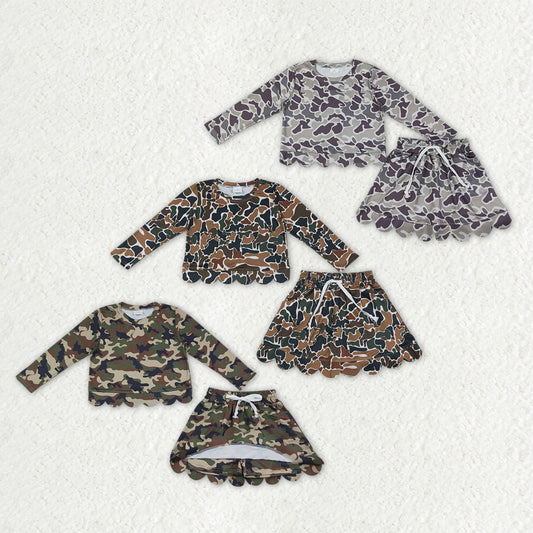 Sibling Baby Girls Long Sleeve Southern Camo Shirts Top Skirt Short Scallop Clothes Sets