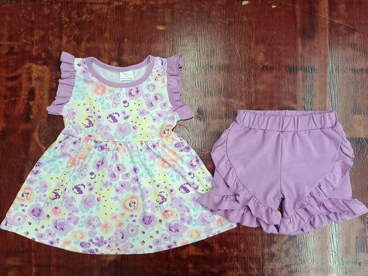 Preorder moq 5 Baby Girls Sleeveless Lavender Floral Tunic Ruffle Short Set