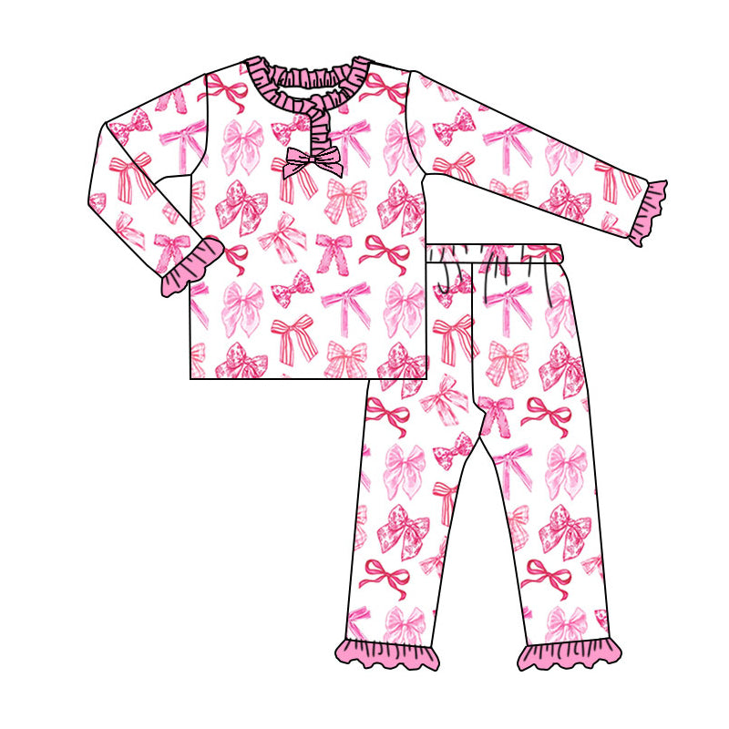 Preorder (moq 5)Baby Girls Pink Bows Long Ruffle Sleeves Pants Pajamas Sets