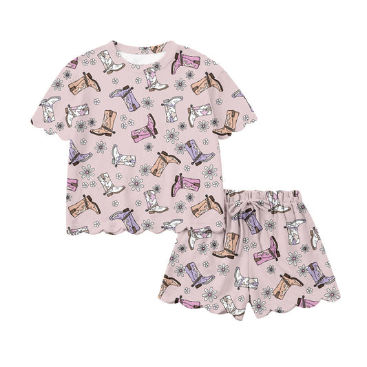 Preorder (moq 5)Baby Girls Colorful Boots Flowers Top Scallop Shorts Western Clothes Sets