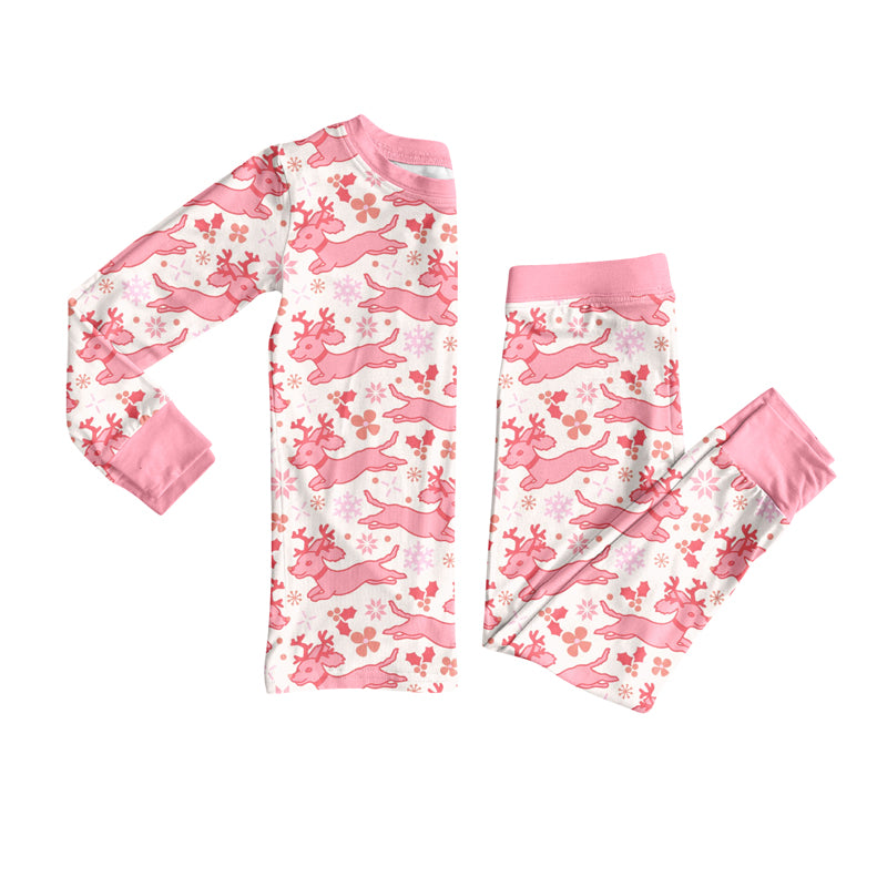 Preorder (moq 5)Baby Girls Long Sleeves Pink Christmas Deer Holly Top Pants Pajamas Set