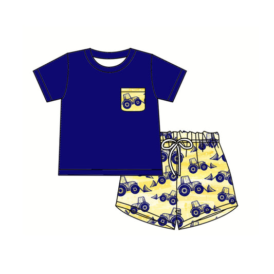 Preorder (moq 5)Baby Boys Hot Blue Pocket Shirt Excavators Shorts Clothes Sets