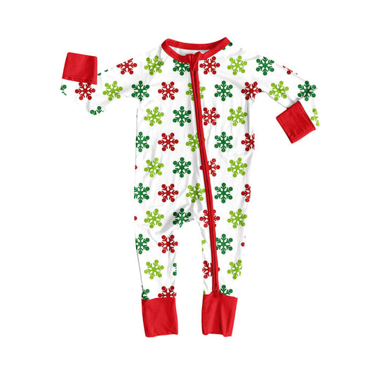 Preorder (moq 20)Baby Boys Bamboo Green Red Snowflakes Christmas Zipper Footie Rompers