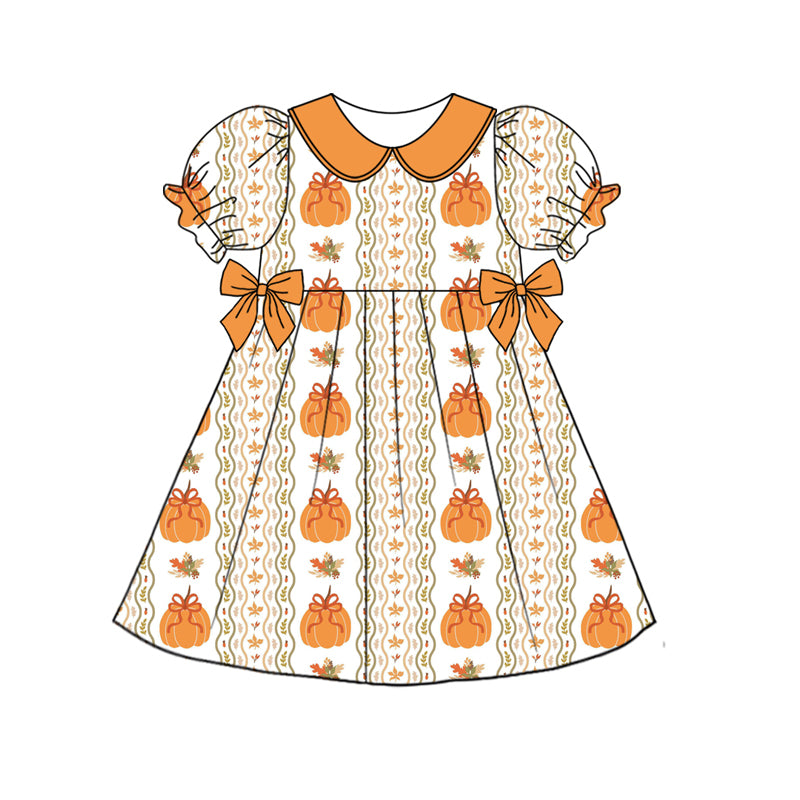 Preorder (moq 5)Baby Girls Orange Short Ruffle Sleeves Pumpkins Stripe Knee Length Dresses