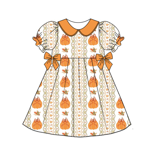 Preorder (moq 5)Baby Girls Orange Short Ruffle Sleeves Pumpkins Stripe Knee Length Dresses