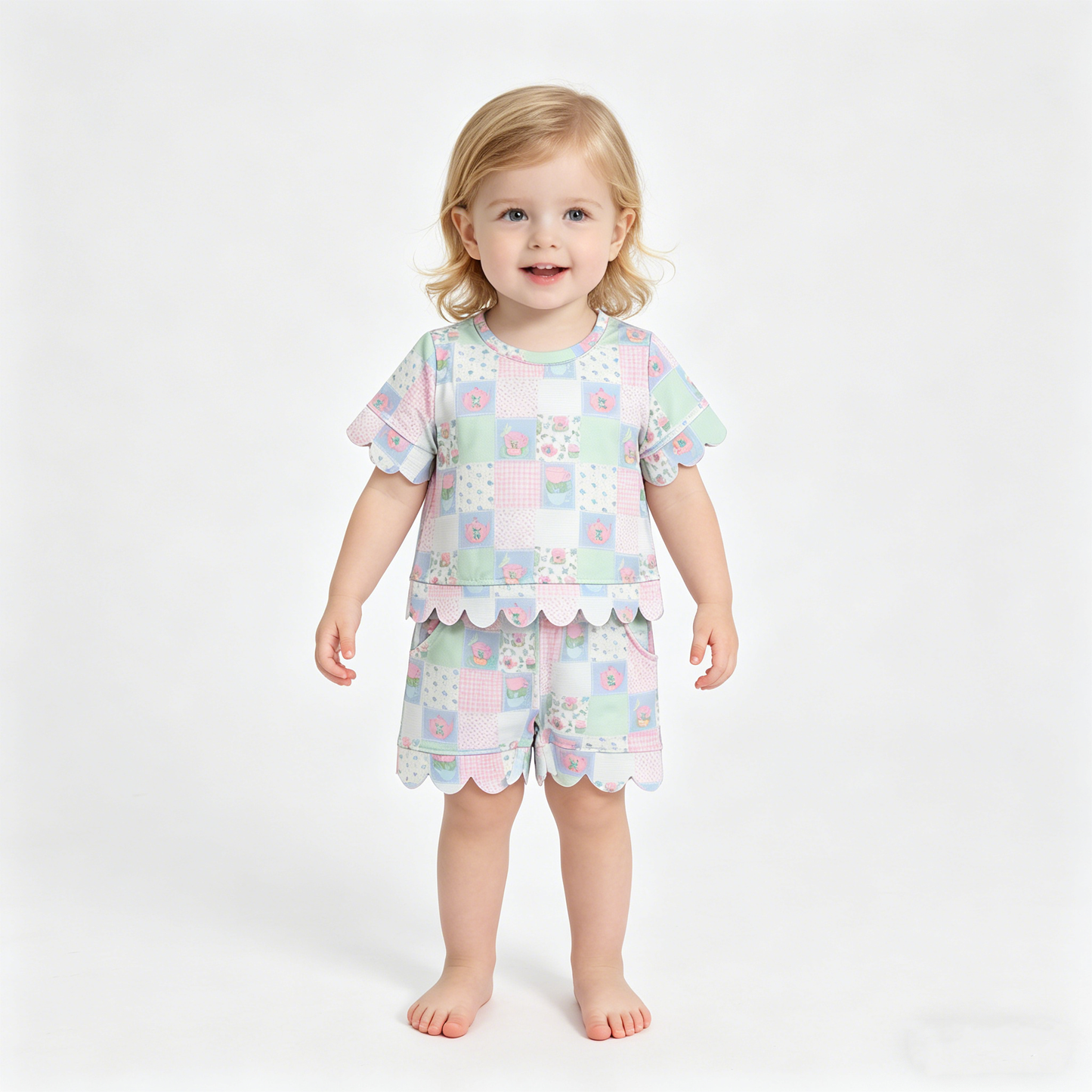 Baby Girls Colorful Flowers Checked Top Scallop Shorts Clothes Sets