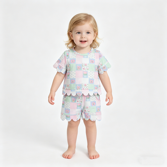 Baby Girls Colorful Flowers Checked Top Scallop Shorts Clothes Sets