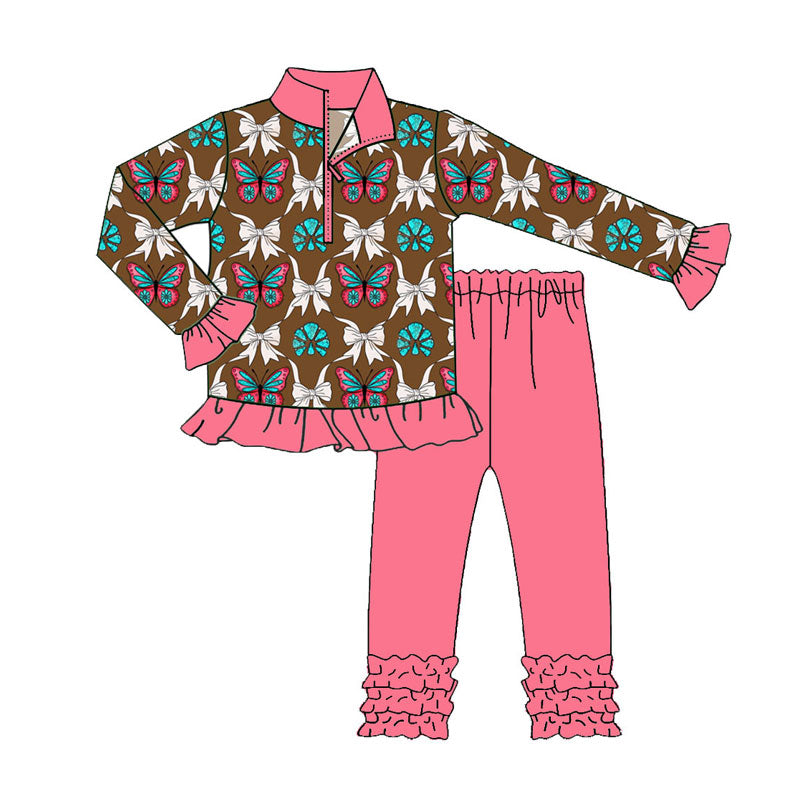 Preorder (moq 5)Baby Girls Butterfly Turquoise Plaid Zipper Pullovers Ruffle Leggings Western Set