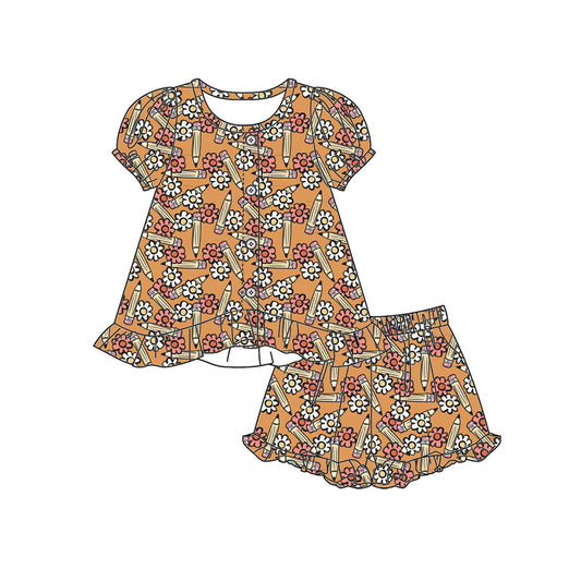 Preorder moq 5 Baby Girls Flowers Pencils Button Tunic Ruffle Shorts Clothes Set