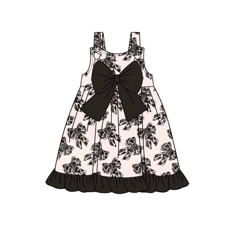 Preorder (moq 5)Baby Girls Black Cowhide Bow Knee Length Dresses