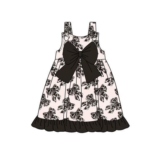 Preorder (moq 5)Baby Girls Black Cowhide Bow Knee Length Dresses