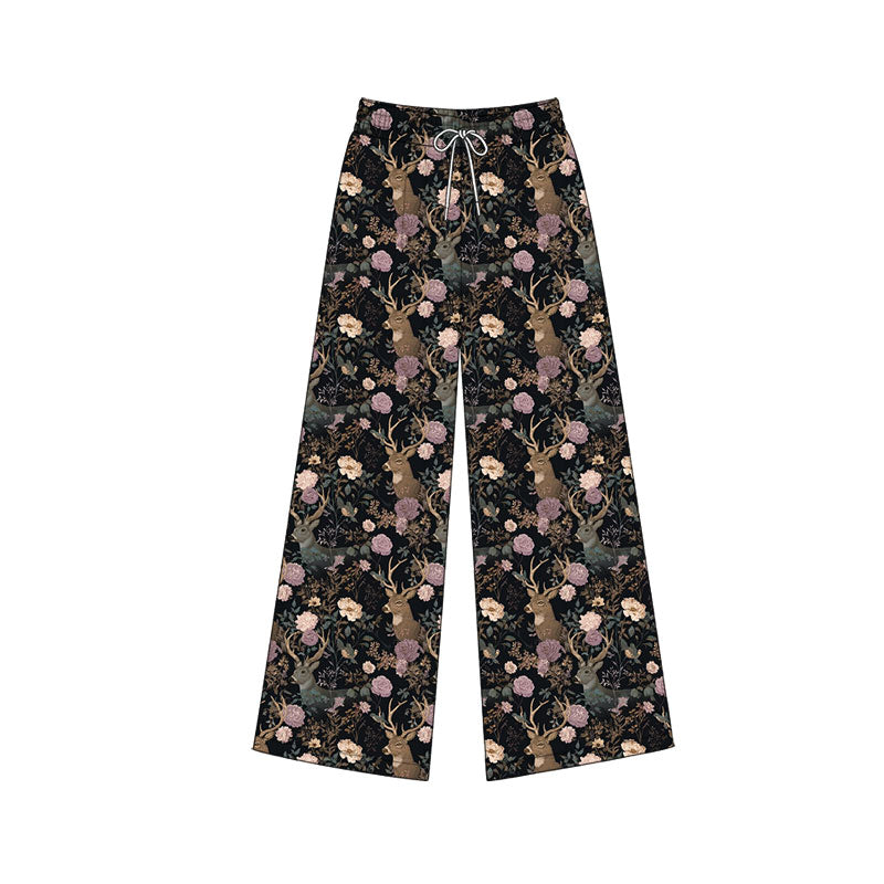 Preorder (moq 5) Baby Girl Deer Floral Print Long Drawstring Wide Leg Pants