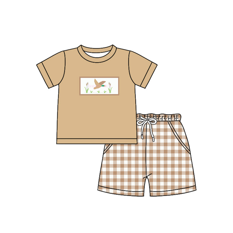 Preorder (moq 5)Baby Boys Khaki Short Sleeves Duck Top Pockets Plaid Short Set