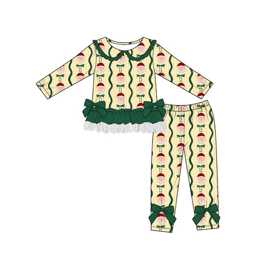 Preorder (moq 5)Baby Girls Santa Bows Checked Lace Ruffle Top Leggings Christmas Sets