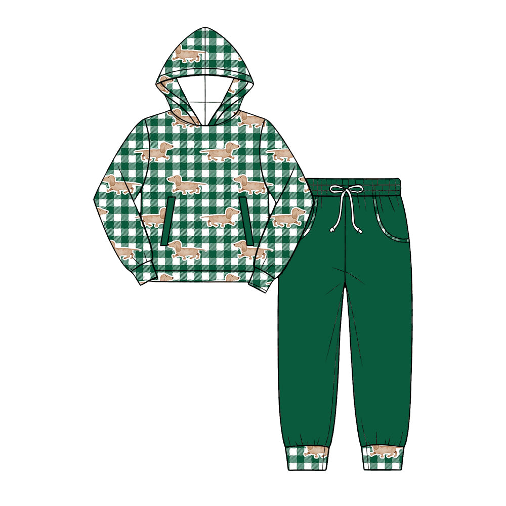 Preorder (moq 5) Baby Boy Clothes Green Buffalo Plaid Dachshund Dog Allover Print Long Sleeve Hoodie Jogger Pant Set