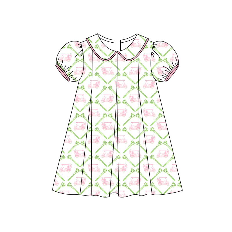 Preorder (moq 5)Baby Girls Short Ruffle Sleeves Pink Golf Trucks Knee Length Dresses Preorder