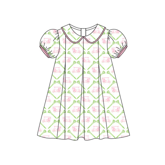 Preorder (moq 5)Baby Girls Short Ruffle Sleeves Pink Golf Trucks Knee Length Dresses Preorder