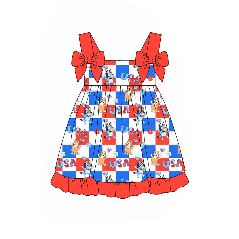 Preorder (moq 5)Baby Girls 4th Of July USA Dogs Straps Knee Length Dresses