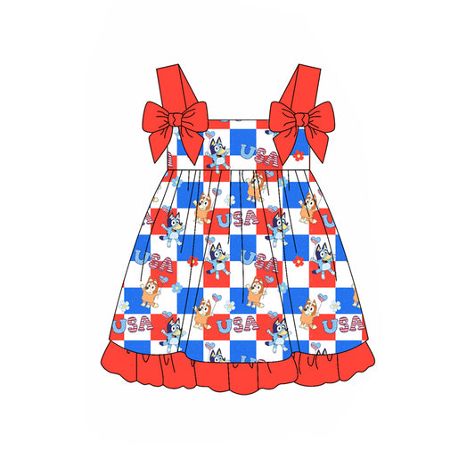 Preorder (moq 5)Baby Girls 4th Of July USA Dogs Straps Knee Length Dresses