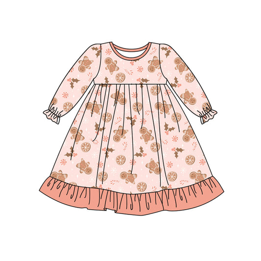 Preorder (moq 5)Baby Girls Pink Long Ruffle Sleeves Holly Gingerbread Knee Length Dresses