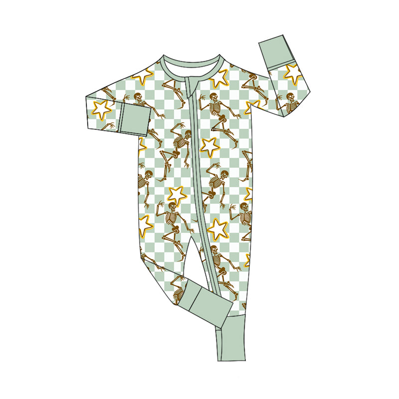 Preorder(moq 5)Baby Infant Boys Long Sleeves Aqua Plaid Skull Stars Halloween Zipper Rompers