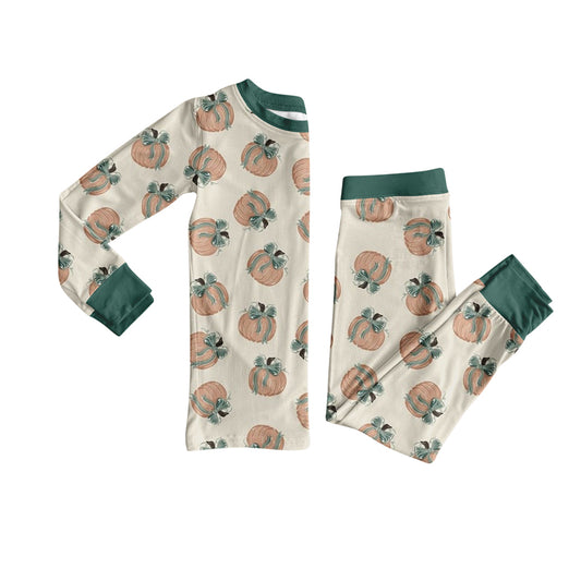 Preorder (moq 5)Baby Boys Long Sleeves Green Bow Pumpkins Plaid Top Pant Pajamas Sets