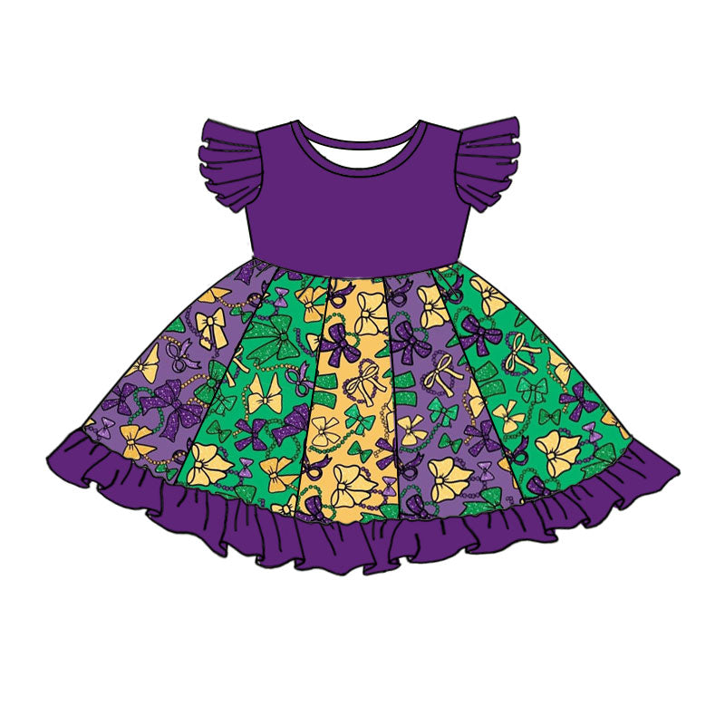 Preorder (moq 5)Baby Girls Purple Flutter Sleeve Mardigras Bows Ruffle Knee Length Dress