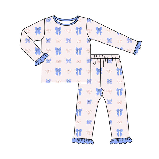 Preorder (moq 5)Baby Girls Blue Pink Bows Plaid Top Ruffle Pant Pajamas Set