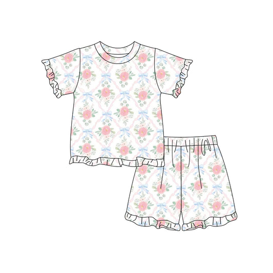 Preorder (moq 5)Baby Girls Pink Bow Flowers Checked Top Ruffle Shorts Clothes Sets
