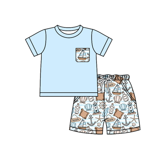 Preorder moq 5 Baby Boys Blue Short Sleeves Pocket Top Boats Shell Short Set
