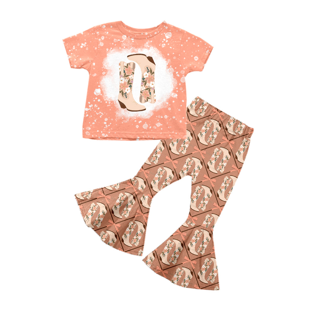 Preorder (moq 5)Baby Girls Pink Short Sleeves Boots Bows Top Khaki Bell Bottom Pant Set