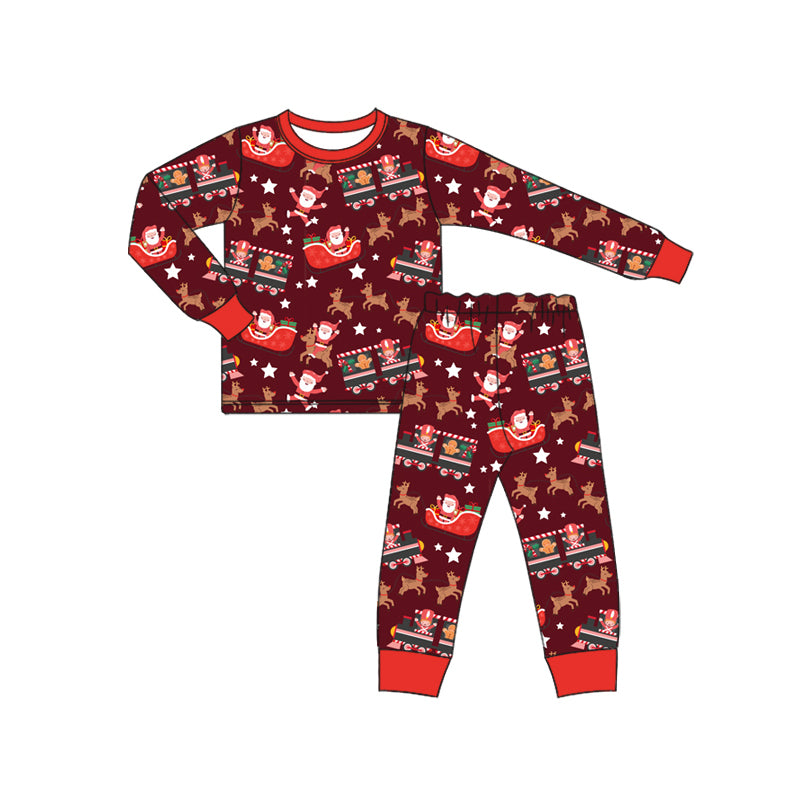 Preorder (moq 5)Baby Boys Red Long Sleeves Deer Santa Top Pant Pajamas Sets