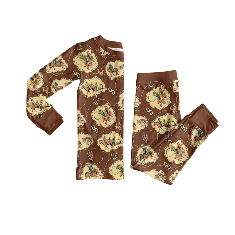 Preorder (moq 5)Baby Boys Grown Long Sleeves Horse Rodeos Plaid Top Pant Pajamas Set