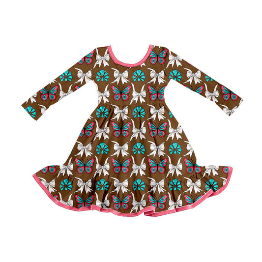 Preorder (moq 5)Baby Girls Butterfly Turquoise Plaid Western Ruffle Knee Length Dresses