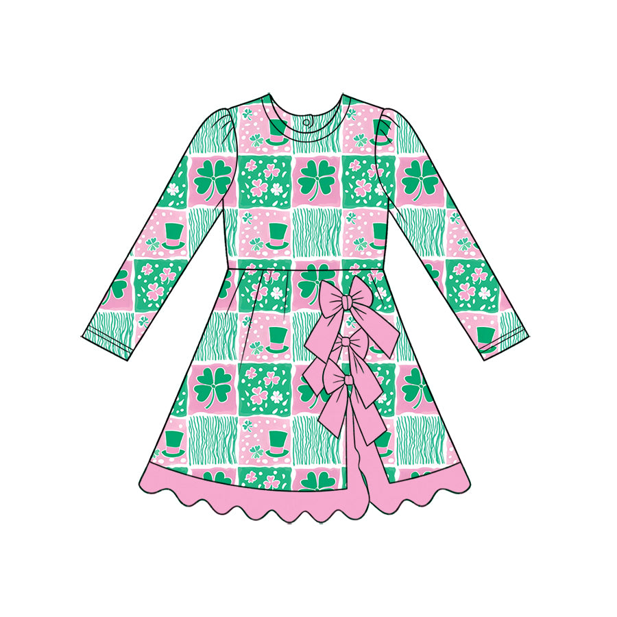 Preorder (moq 5) Baby Girl Clothes St Patricks Day Clover Hat Patchwork Long Sleeve Bow Ruffle Dress