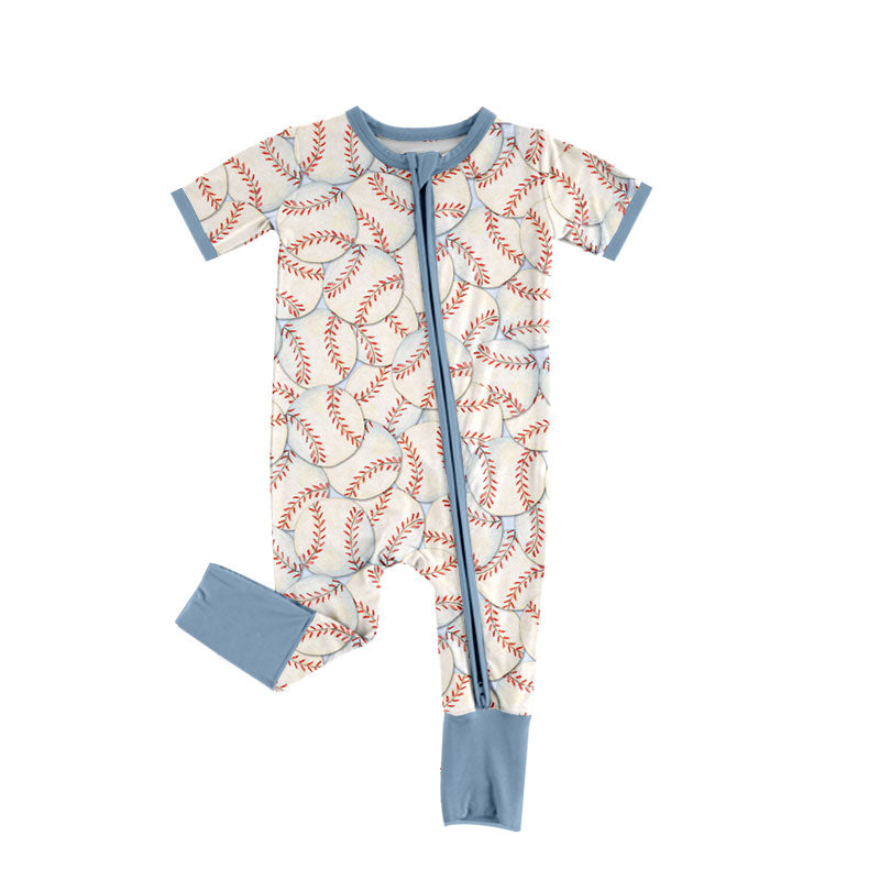 Preorder (moq 5) Baby Boy Clothes Full Baseball Ball Print Short Sleeve Zip Front Romper Jumpsuit