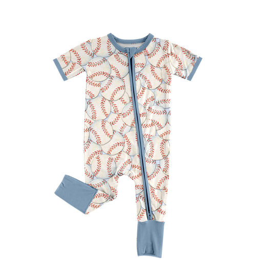 Preorder (moq 5) Baby Boy Clothes Full Baseball Ball Print Short Sleeve Zip Front Romper Jumpsuit