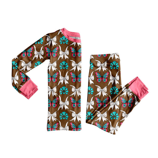Preorder (moq 5)Baby Girls Butterfly Turquoise Plaid Top Pants Western Pajamas Sets