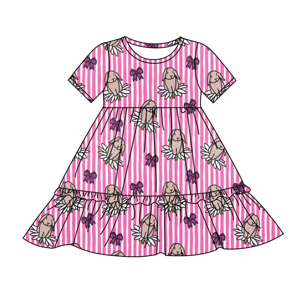 Preorder(moq 8)Baby Girls Pink Stripe Flowers Bows Rabbits Easter Ruffle Knee Length Dresses