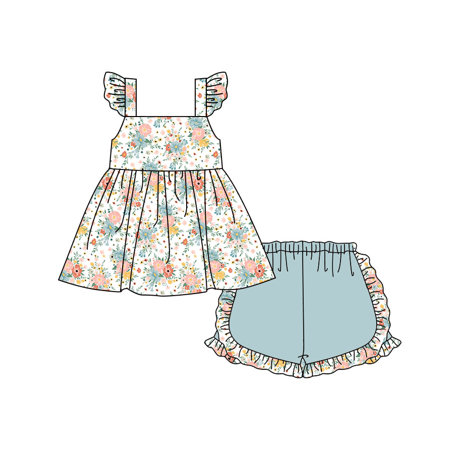 Preorder (moq 5)Baby Girls Flutter Sleeve Colorful Flowers Tunic Blue Short Clothes Sets