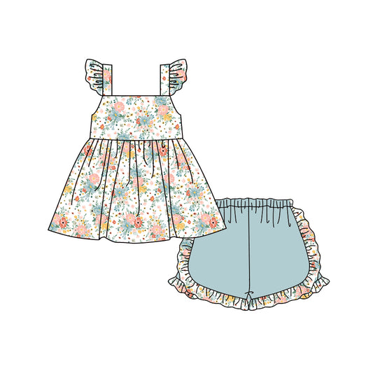 Preorder (moq 5)Baby Girls Flutter Sleeve Colorful Flowers Tunic Blue Short Clothes Sets