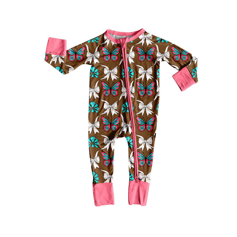 Preorder(moq 5)Baby Girls Butterfly Turquoise Plaid Western Zipper Footie Rompers