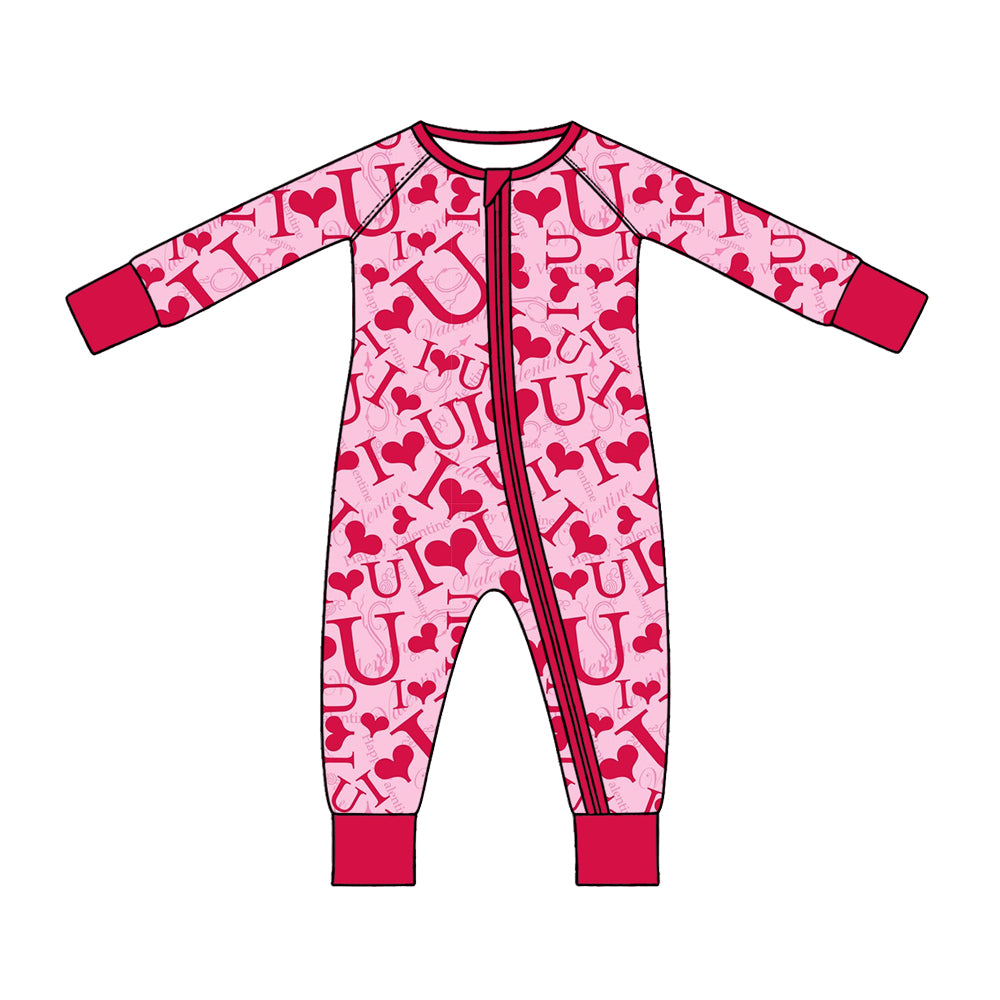 Preorder (moq 5) Baby Girl Clothes Valentine Red Letter Heart All Over Print Long Sleeve Zipper Romper